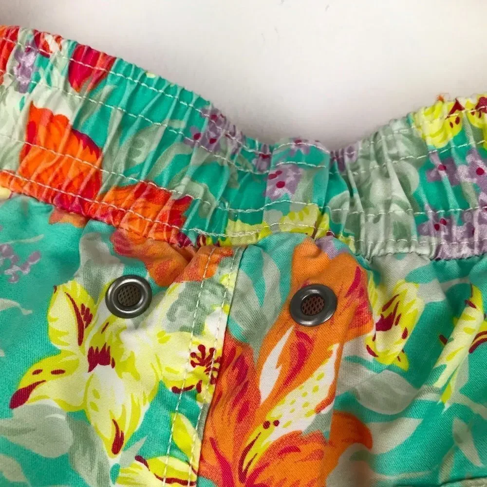 Polo Ralph Lauren Teal and Orange Hibiscus Tropical Print Swim Trunks